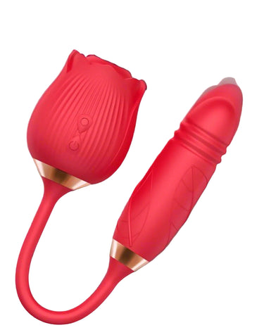 a red electric device with a rose design on it